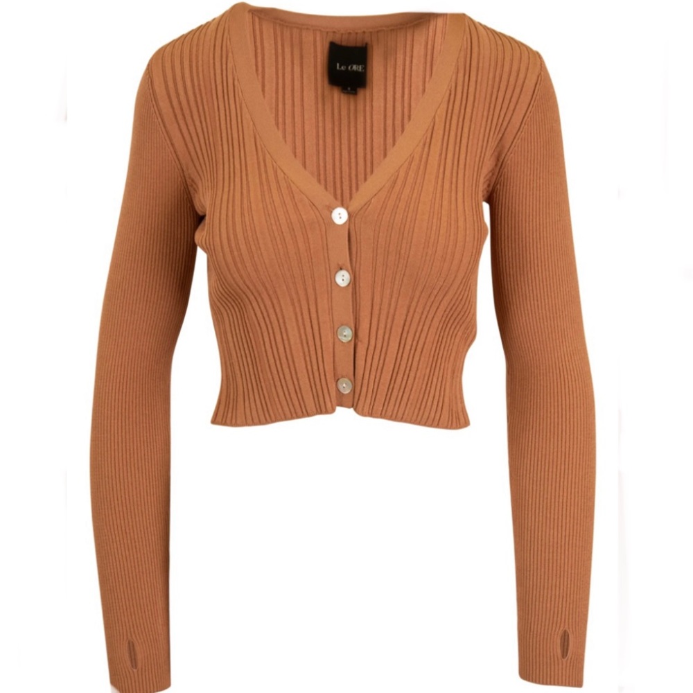 La Core Ribbed V-Neck Cropped Cardigan - Camel